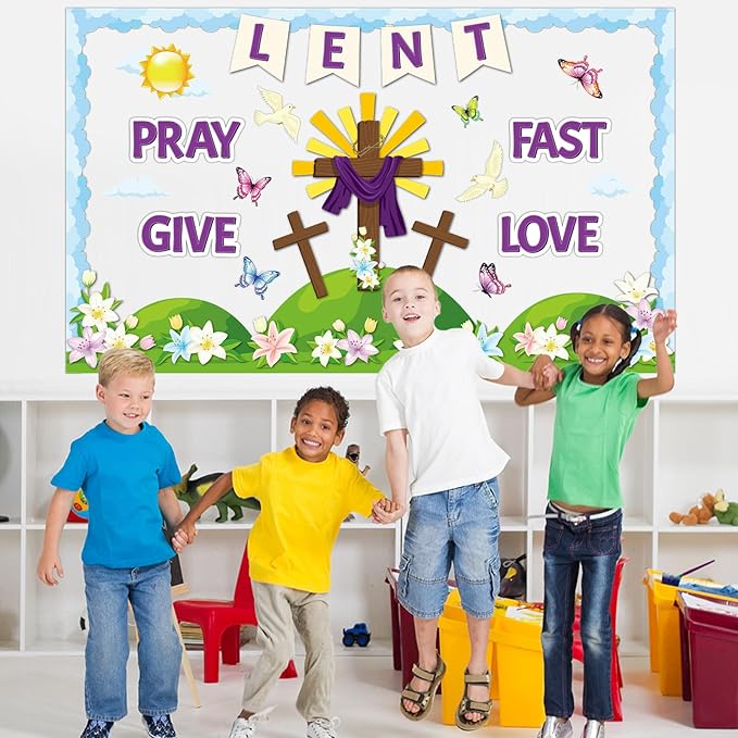 Lent Christian Bulletin Board Set Easter Religious Cross Classroom Decoration Lent Pray Fast Give Love Bulletin Board Lily Flower Cutouts for Sunday School Church Parish Catholic Chalkboard Wall Decor