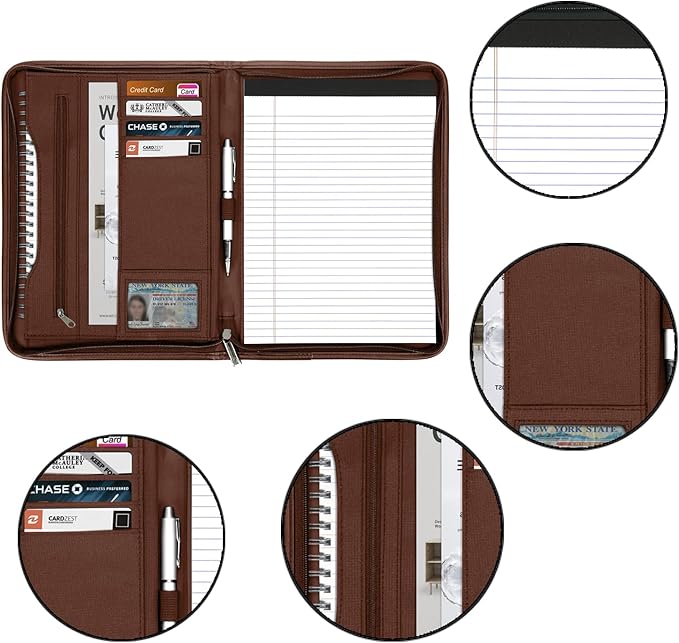 Zippered Portfolio Organizer/ A4 Refillable Lined Writing Notepad Folder Case/Fabric-Covered Padfolio Binder with Interior Storage Pocket for Men Women.Brown