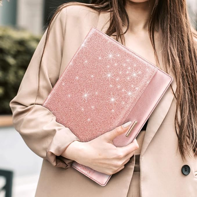 Glitter Pink Padfolio/Resume Portfolio Folder for Women Girls, WAVEYU Cute Chic Padfolio Cover Folder, Conference/Legal Document Organizer with Letter/A4 Size Clipboard, Document Sleeve, Rose Gold
