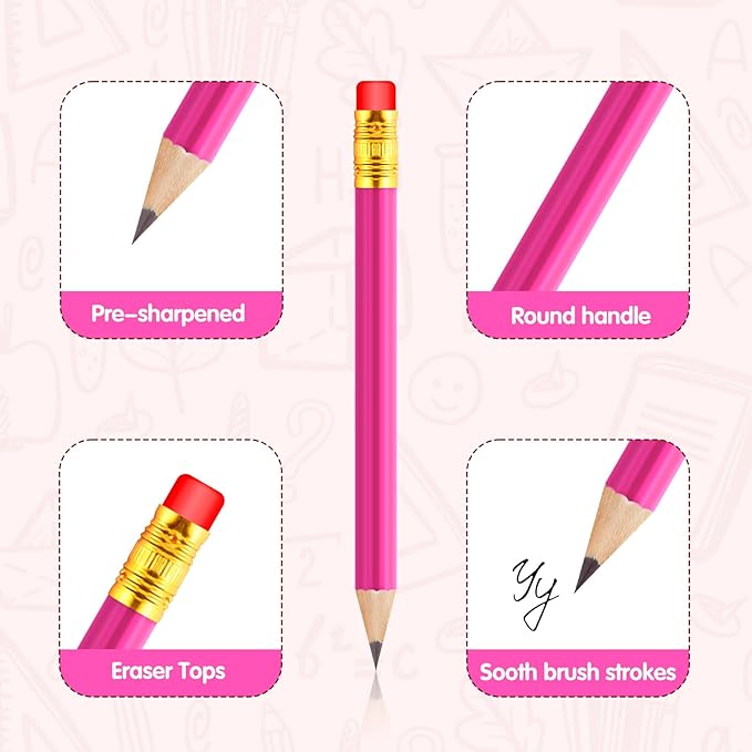 24 Pcs Mini Half Pencils Pink Golf Pencils with Erasers Bulk 4 Inch Short Pre Sharpened Pencil Small Pencil for Games Baby Shower Bridal Shower Wedding Presents Classroom Back to School Office Pocket