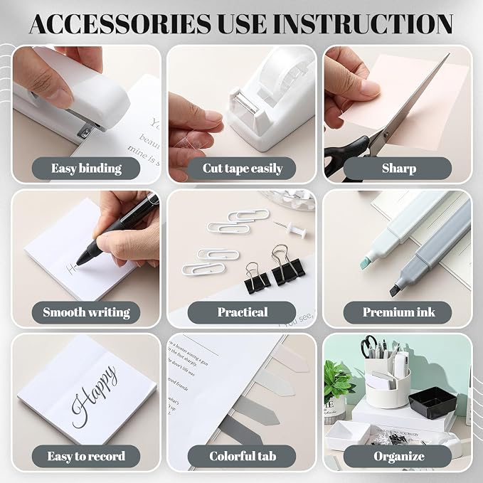 Kosiz 27 Pcs Black White Desk Accessories Gift for Aesthetic Desk Organizer Neutral Office Supplies Pen Holder Stapler Binder Sticky Notes Paper Clips Scissor Staples for Back to School(Classics)