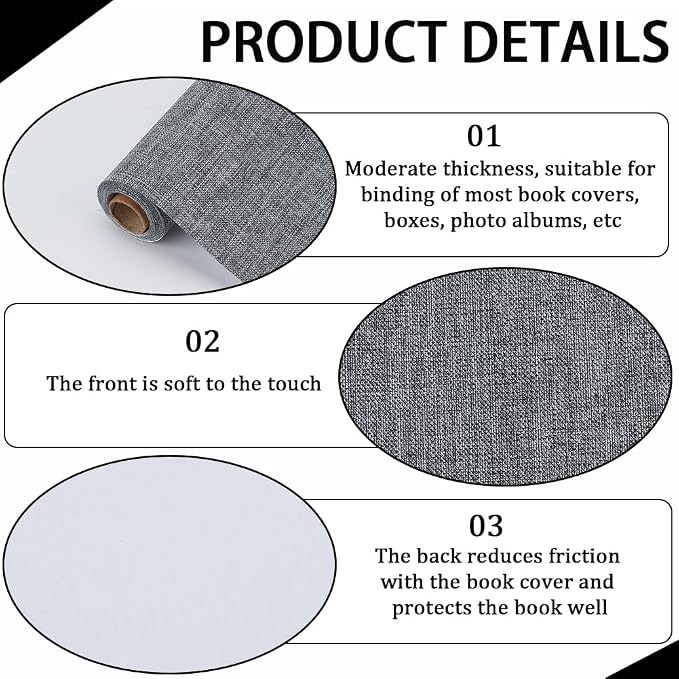 CRASPIRE 51 x 11.8 Inch Grey Book Cloth Book Binding Cover Fabric Surface Paper Backed A4 to A8 Linen Polyester Woven Bookcover for Books Album Scrapbooking Archival DIY Covering Bookbinding Protector