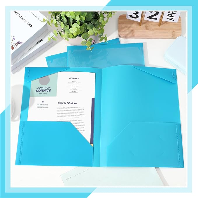 Henoyso 36 Pack Light Blue Plastic Folders with Clear Front Pockets Heavy Duty File Folders with 2 Pockets and Card Slot for Student Communication School Office Presentation Report