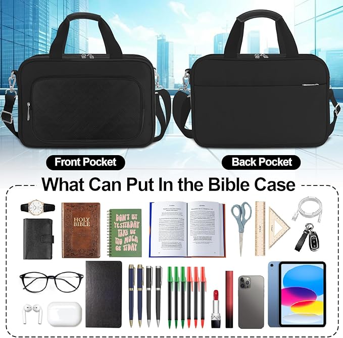 Large Bible Cover Case for Boys Mens, Book Carrying Case with Highlighters Tabs Pens, Bible Bag for Men Organizer, Bible Holder Bible Study Supplies Journaling Kit, Christian Gifts Black