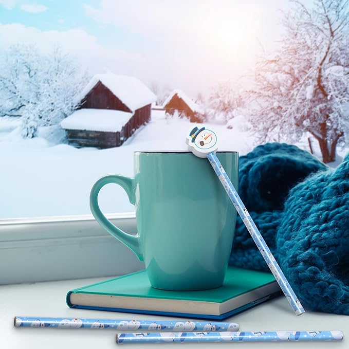 32 Pcs Snowman Pencils with Erasers, 16 Winter Snowman Pencils Bulk 16 Erasers Christmas Stationery Supplies for Xmas Classrooms Exchange Reward Prizes Home Office School Supplies