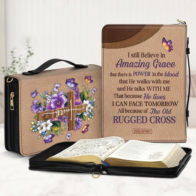 Jesuspirit Jeuspirit Bible Covers - Leather Bible Organizer Case - Bible Book Carrier Bag With Zipper - Christian Gifts For Women - Bible Holder Bag, Bible Carrying Case Large Size (Amazing Grace)