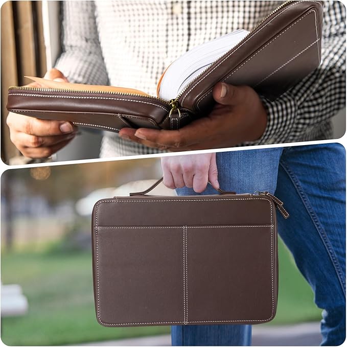 Top Grain Leather Bible Cover for Men Women Buffalo Genuine Leather Bible Case Book Holder Bag with Zipper Handle Back Pocket Bookmark Father's Day Religious Gift(Dark Brown,Large,Classic)