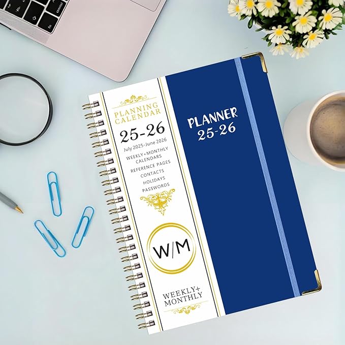 Daily Planner 2025-2026, Monthly and Weekly Calendar Planner with Tabs, July 2025 - Jun 2026, Inner Pocket, 6.2" x 8.5" A5 Size, Perfect for Office Home School Supplies, Spiral Bound, Navy 
