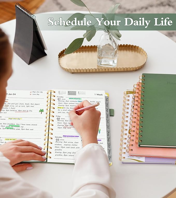 2026 Planner, Hardcover Leather Weekly and Monthly Planner, January 2026 - December 2026, Spiral Yearly Agenda Organizer Book 2026 with Tabs, Daily Calendar Planners for School Work Home, A5 (5.75" x 8.38"), Green