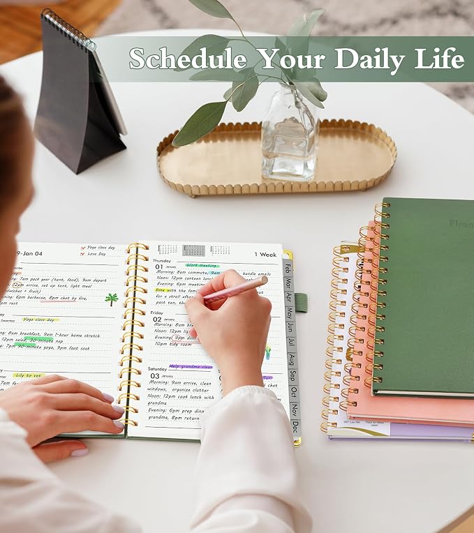 2026 Planner, Hardcover Leather Weekly and Monthly Planner, January 2026 - December 2026, Spiral Yearly Agenda Organizer Book 2026 with Tabs, Daily Calendar Planners for School Work Home, A4 (8.5" x 11"), Green