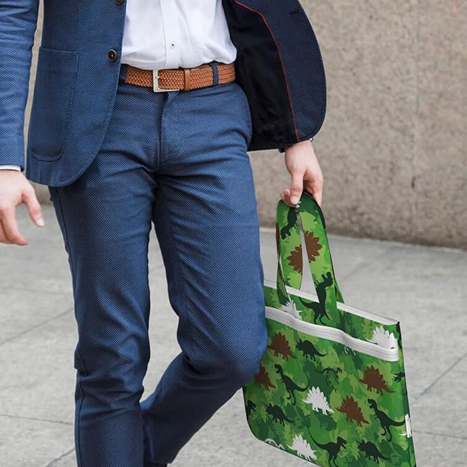 Canvas Zipper File Pouch with Handle, Green Dinosaurs Camouflage Foldable Waterproof Document Organizer for Books and Paper Storage