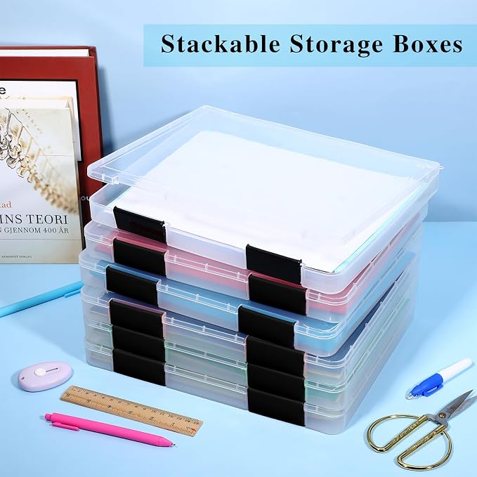 PerKoop 6 Pcs Clear Paper Storage Box A4 Plastic File Box Document Paper Organizer Storage Board Game Project Cases Containers with Buckle for Craft, Magazine(12.4 x 9.84 x 1.18 Inches,Black)