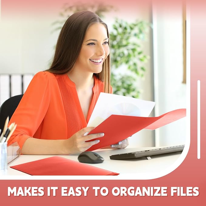 Gueevin 100 Pack Plastic Folder with Pockets, 2 Pocket Folders, Plastic Glossy Folders Fit Letter Size Paper, Heavy Duty Durable File Folder with Business Card for Home Office School (Red)