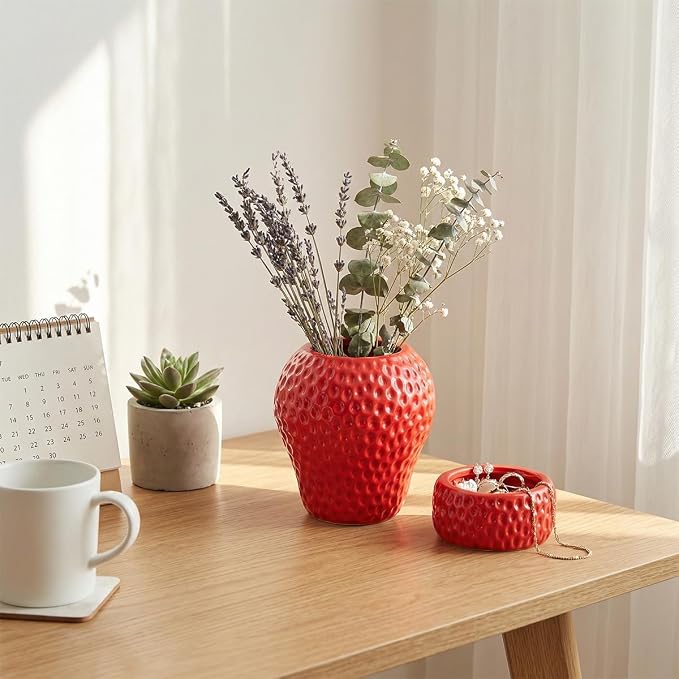 Ceramic Paper Clip Holder, Strawberry Pen Holder Set, Cute Pen Holder for Desk Storage Set of 2, Office, School, Home Decor(Red)