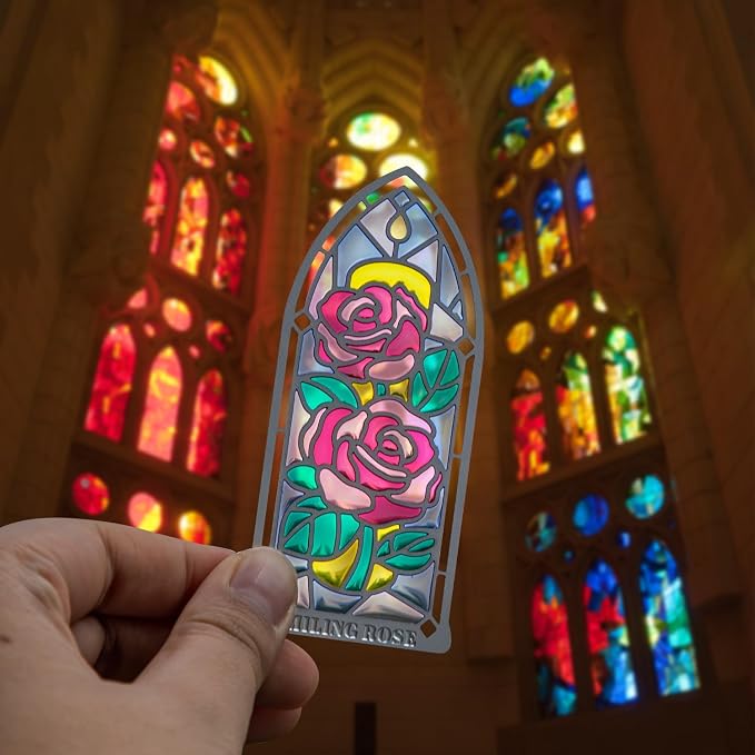4 Pcs Stained Glass Window Metal Bookmark, Elegant Religious Christian Book Mark Gift for Bible Readers, Handmade Transparent Gothic Arch Bookmarks for Women Men, Lightweight Durable Bible Accessories