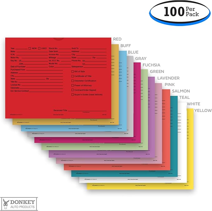 Printed Vehicle Deal Envelopes 9x12 Deal Jackets (100 shrink wrapped) (Red)