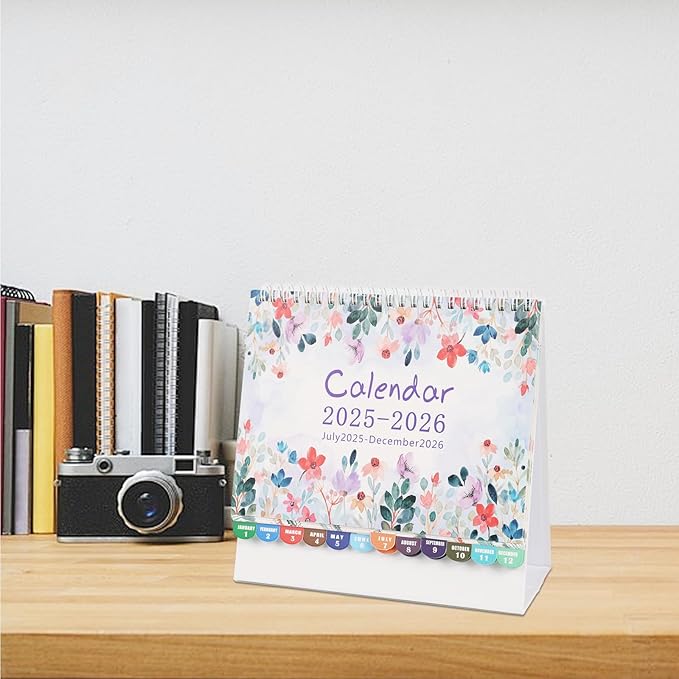 MultiBey Desk Calendar 2025-2026, 18 Months Calendar from July. 2025 to Dec. 2026, 8" x 8" Standing Flip Desk Calendar Floral with Thick Paper, Includes Stickers