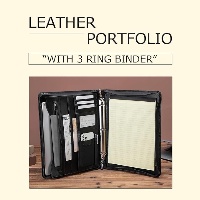 Leather Portfolio with 3 Ring Binder, Vegan Leather Padfolio Zippered, A4 Notebook Holder Laptop Sleeve Professional Business Organizer Gift for Men and Women, Black