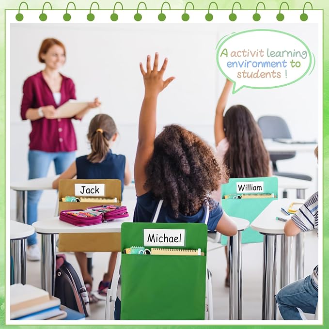 gisgfim 12 Pcs Chair Pockets for Classroom 17 x 20 Inch s with Name Tag for Classroom Chairback Pouch Bag Organizer for Student Elementary School Daycare Supply (Greenery)