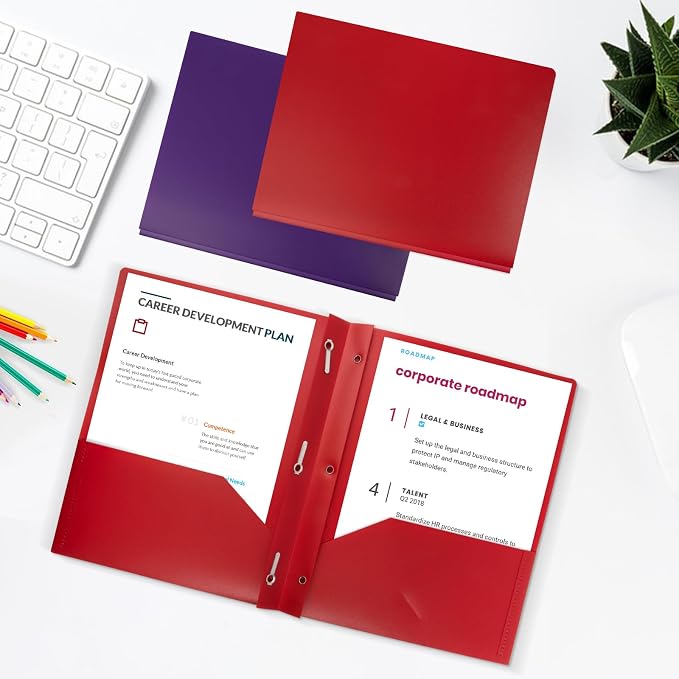 60-Pack Plastic Folders with Pockets and Prongs,2-Pocket Poly Folders with 3 Fasteners Holds 8-1/2" x 11" Paper for School/Office/Home, Red