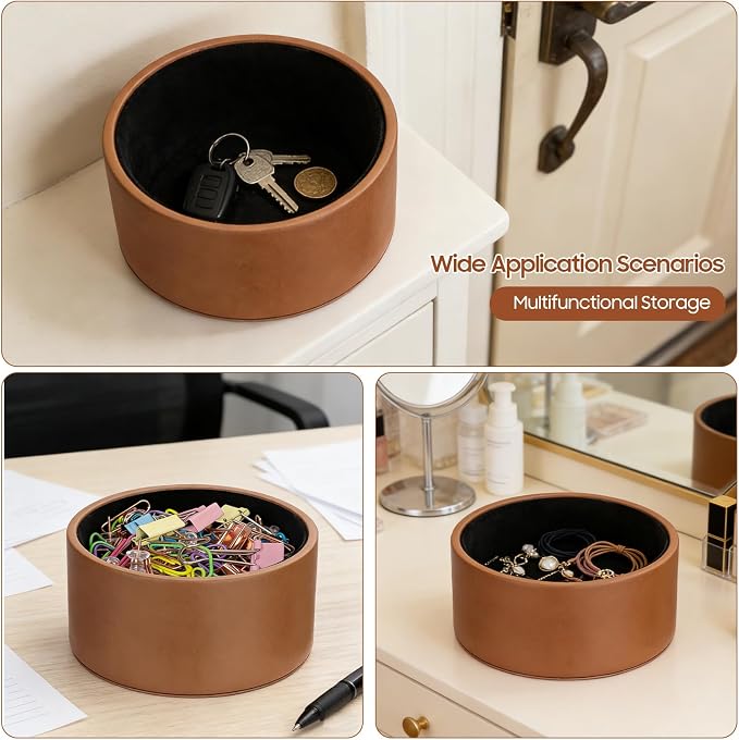 Premium Leather Paper Clip Holder for Desk - Round Brown Paperclip Dispenser Organizer, Shatterproof Desk Accessories Binder Clip Holder for Push Pins, Hair Clips, Trinkets & Jewelry