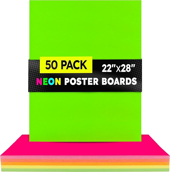 Hygloss Medium Poster Board 22x28 - 50 Assorted Neon Color Bulk Pack - 10 Pt. Thickness Colored Poster Board Paper for Projects, Signs, Displays - Posterboard Multipack 22" x 28"