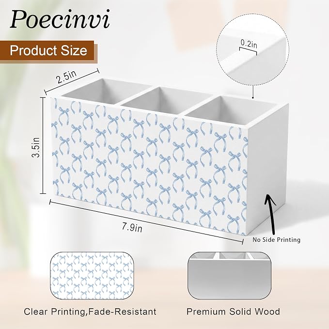 Blue Coquette Bow Pen Holder for Home Office Desk, Girly Office Decor, Preppy Blue Ribbon Bow Aesthetic Wooden Box Sign Pencil Holder for Desk Shelf Organizer