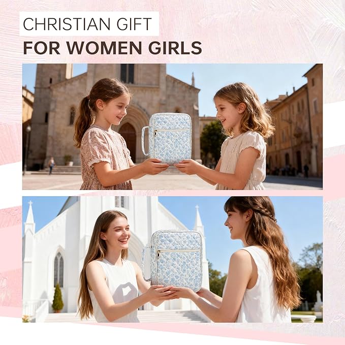Bible Cover Case for Women Large Bible Cover Bag Quilted Bible Carrying Case for Girls Bible Study Supplies Accessories Christian Gifts for Women (Small Blue Floral, Large)