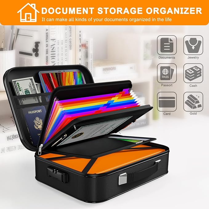 JUNDUN Fireproof Box,Hard Shell Fireproof Safe Box with Lock,Portable Fireproof Safe Storage Box for Letter Size Documents,files,Papers and Passport,Colourful, F880001C