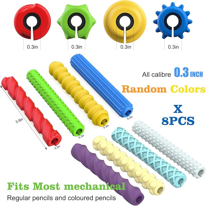 BUSOHA 8 Pack Textured Silicone Pencil Grips - Textured Sensory Fidget Squishy Pencil Grips for Handwriting ADHD Tools Gift for Anxiety Relief Items Stocking Stuffers