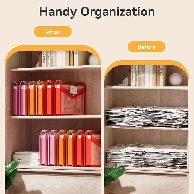 ABC life 6-Pack Plastic Expanding File Folders, Translucent Plastic Envelopes with Snap Closure, Large Capacity, Paper Storage Fits Letter/A4 Size - Warm Pink