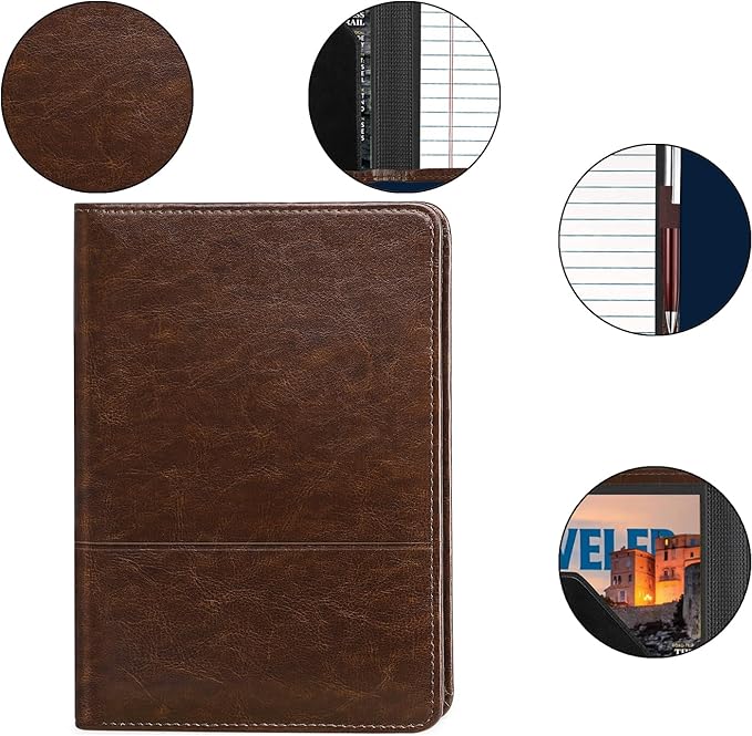 Padfolio/Portfolio Binder, Mini Padfolio Portfolio Binder 5 x 8 Legal Writing Pad, A5 Document Organizer Folder for Men Women,Dark Brown.