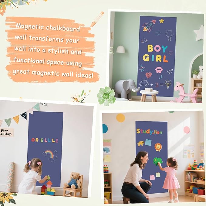 Magnetic Wall Decal 47.2x17.5 Inch Dusty Blue Magnetic Chalk Board Sticker Magnet Chalkboard for Wall Peel and Stick Self Adhesive Blackboard for Playroom Home Office