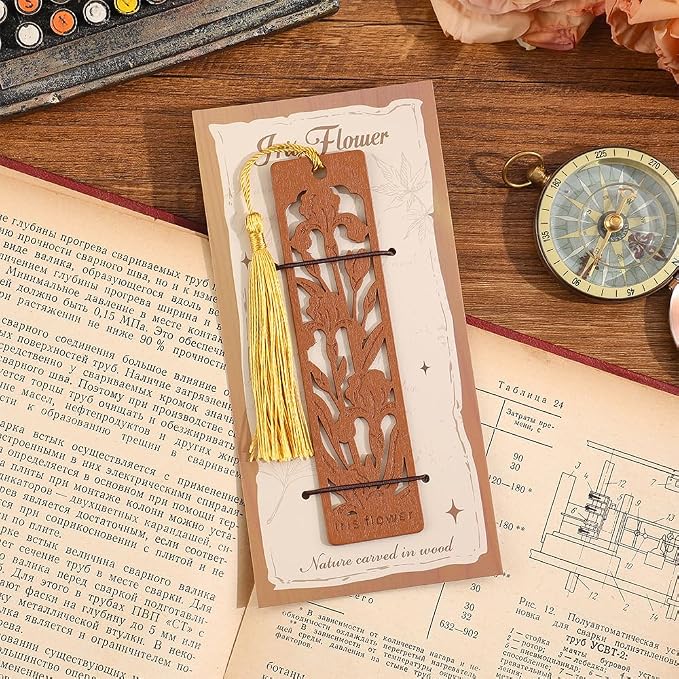 icceemee 2pcs Wooden Bookmarks with Iris & Bluebell Floral Design - Nature Themed Book Markers for Women, Men, Readers - Unique Gift for Book Lovers