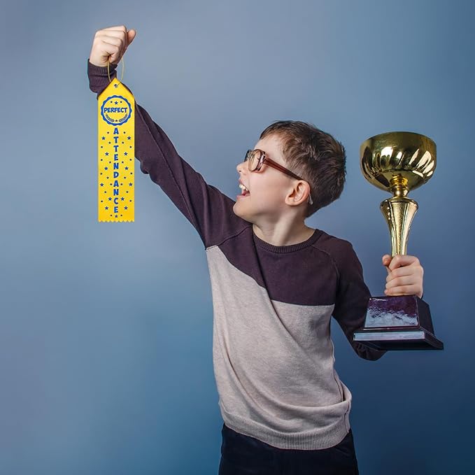 Taiyin 100 Pcs Award of Perfect Attendance Award Ribbons Prize Perfect Attendance Ribbon with Event Card and Rope for Kids Competition, Sports Event, Contests, School, Office Team