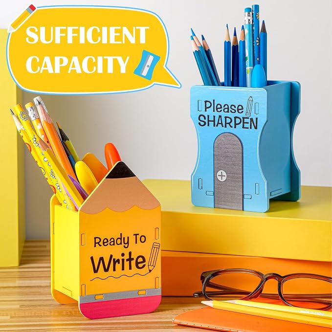 Sherr 2 Pcs Wood Pencil Holder Pencils and Sharpener Shaped Sharp and Dull Pen Holder Back to School Wooden Dispenser Storage Organizer for Classroom(Pencil and Sharpener,Yellow and Blue)