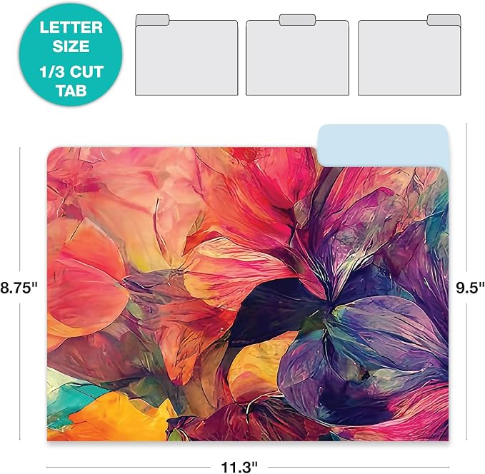 Global Printed Products Deluxe Designer Printed File Folders, 1/3 Cut Tab, Assorted Positions, Letter Size, 24/pk (Abstract Floral)