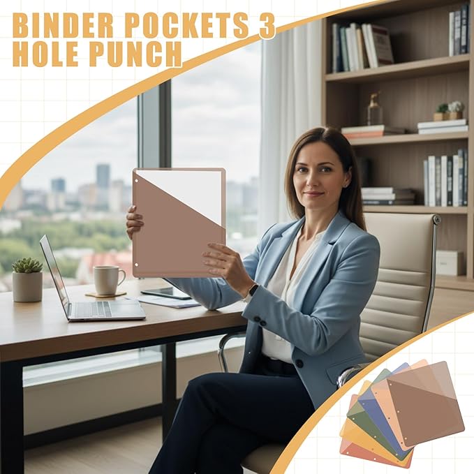 Maitys 30 Pack Binder Pockets 3 Hole Punch Clear Plastic Document Folders Binder Organizer Store Letter Size 8.5x11 Inch Paper Folders with Pockets Slash File Jacket for Office (Simple Color)