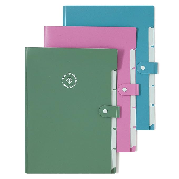 U Brands U-Eco 6 Pocket Poly Expandable Folder, Set of 3, Assorted Brights, Snap Button Closure, Letter Size (6592U01-12)