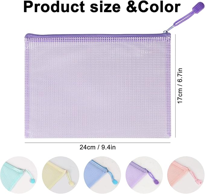 10 Pcs A5 Clear Zipper Pouch Bags - 5 Colors Plastic Mesh Storage Organizers for School Supplies, Office Travel Accessories & Classroom Organization
