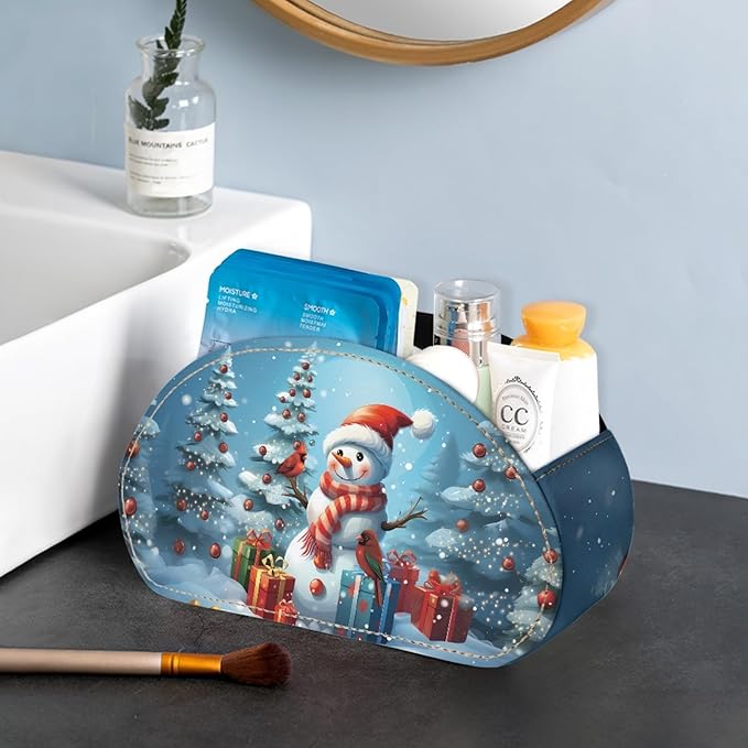 FUSURIRE Cute Snowman Storage Box for Remote Controls, PU Leather Remote Controllers Holder with 5 Compartments, Cosmetic Box Pen Pencil Organizer for Study Living Room Bedrrom Bathroom