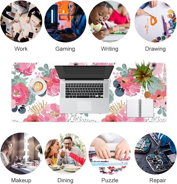 QIYI Large Mouse Pad, Pink Floral Desk Mat for Desktop, Women Girls PU Leather Waterproof Gaming Mousepad, Computer Laptop Desk Accessories Protector Writing Pads for School Office Home 31.5" x 11.8"