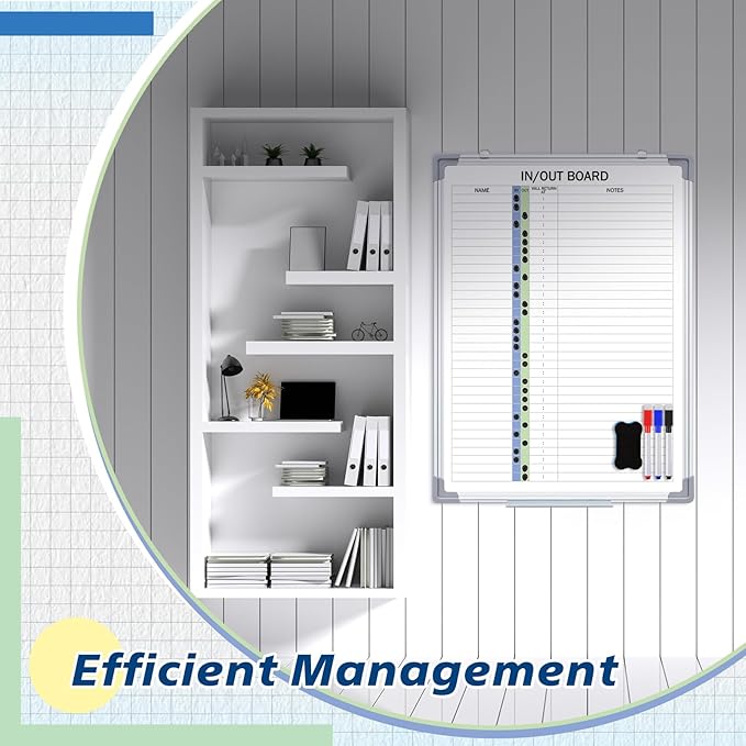 Lincia in and Out Magnetic Dry-Erase Board 24" x 18" Aluminum Framed White Board with Lines 33 Names with Magnetic Dry-Erase Marker, Eraser, and 35 Magnets Wall-Mounted for Office Employee
