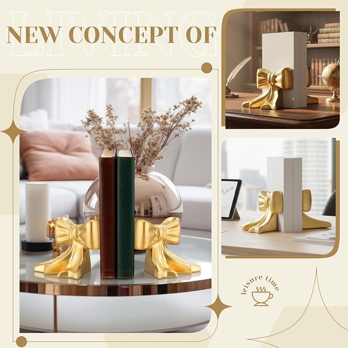 Leinuosen 2 Pcs Gold Bow Bookends Ceramic Cute Book Ends Decorative Book Stand Bow Sculpture Statues Tabletop Shelf Ornament Room Decor for Home Office School Dorm Girl Desk