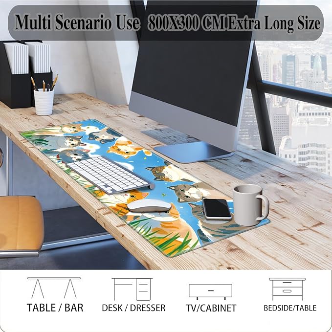 Mouse Pad Gaming Mousepad 31.5x11.8 Inch XXL Large + Coasters,Desk Mat with Stitched Edges, Non-Slip Rubber Base, Thick Mouse Pad for Computer, Laptop, Office & Home - Cute Cat Family
