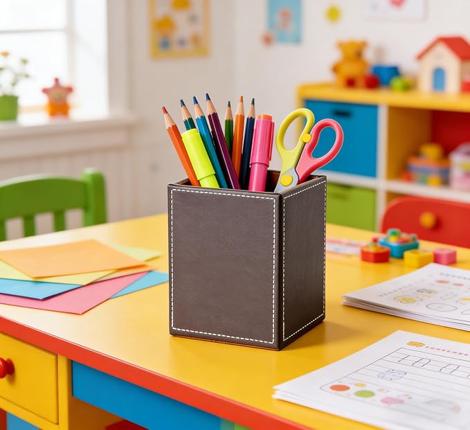 Square Pen Pencil Holder, PU Leather Pencil Cup, Desktop Stationery Organizer, Stand Desk Organizer, Office Accessories Container (Brown)