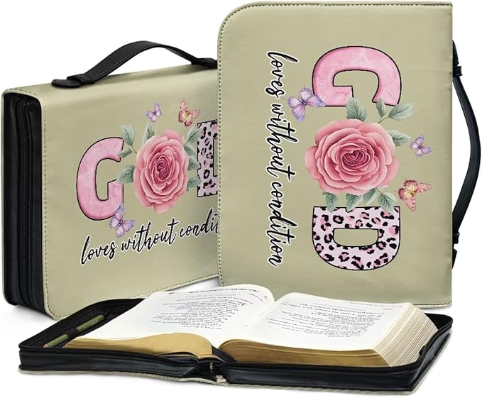 Bible Cover with Handles,God Flower Print Bible Cover for Women Bible Case with Zippered Pocket Catholic Church Gift for Women Fits Bibles Measuring-Size 2XL