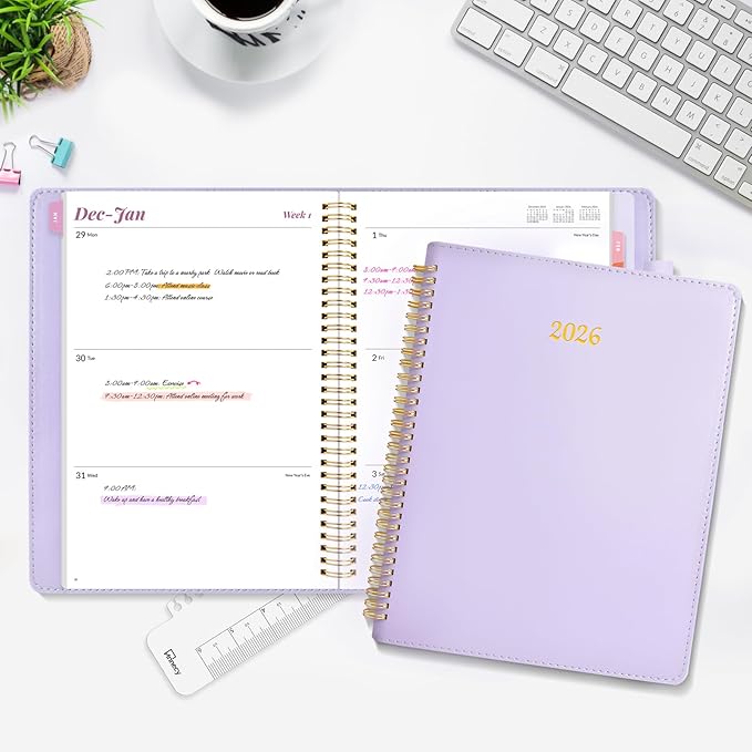 2026 Planner, Annecy Weekly & Monthly Planner 2026, Jan. 2026 – Dec. 2026, 9" x 11" Monthly Agenda Planner with Tabs, Vegan Leather Cover, Spiral Binding, Double-sided Pocket, Bookmark, Purple