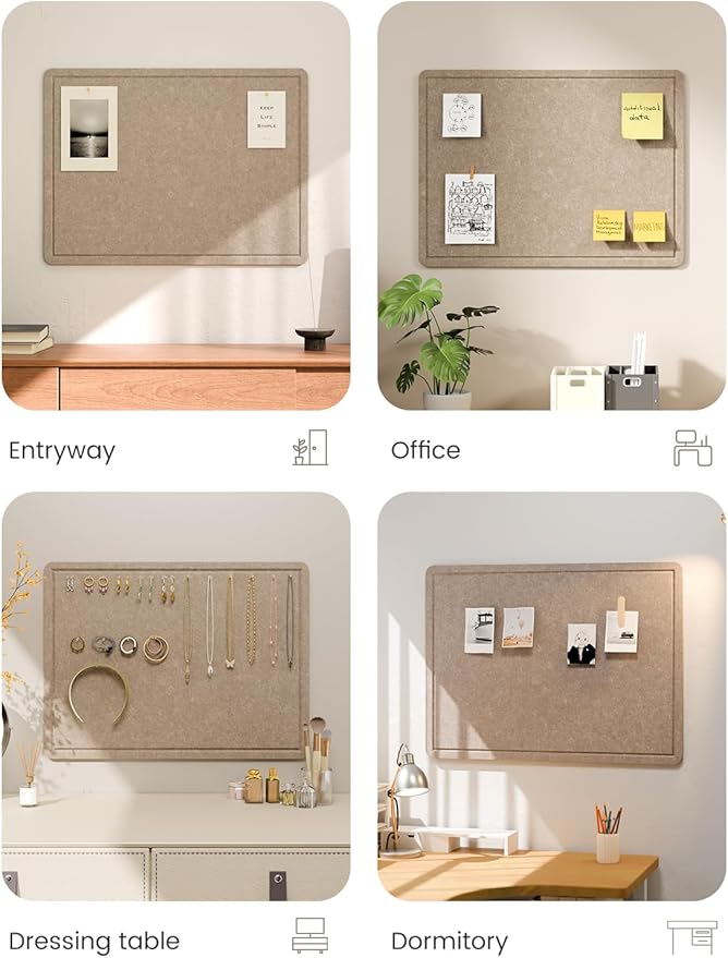 Fluxynara Bulletin Board, 23.6" x 17.5" Cork Board Alternative with 12 Safe Removable Adhesive Tabs, Foldable Felt Pin Board for Home Office, Classroom, Bedroom,Entryway for Walls—Taupe
