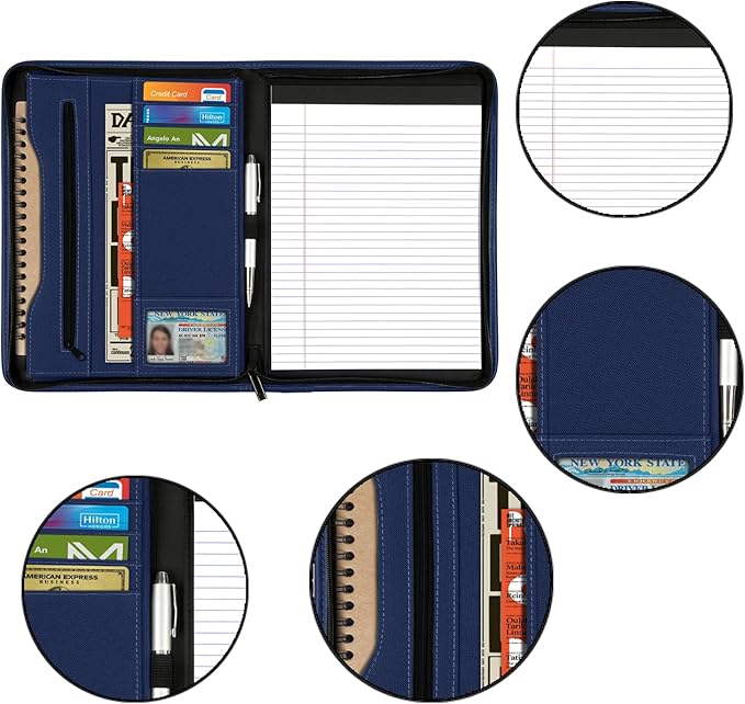 Zippered Portfolio Organizer/ A4 Refillable Lined Writing Notepad Folder Case/Fabric-Covered Padfolio Binder with Interior Storage Pocket for Men Women, Navy Blue